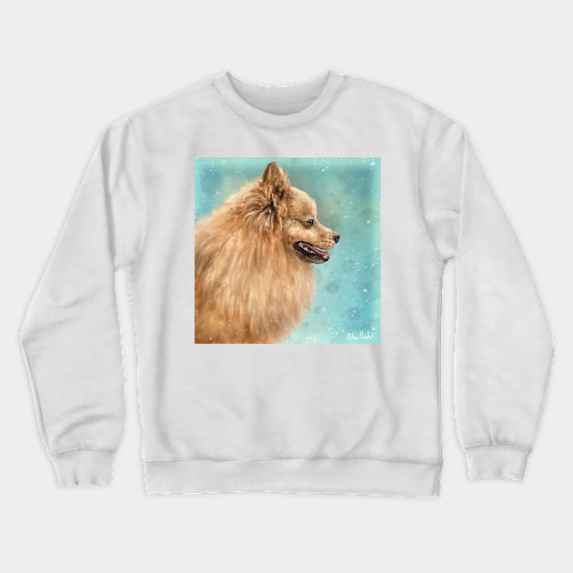 Painting of a Pomeranian Do with Golden Fur on Turquoise Background Crewneck Sweatshirt by ibadishi